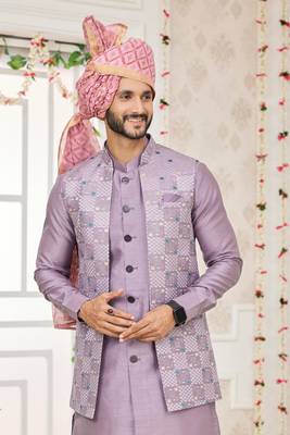 onion computer work on art silk 3 pcs nehru jacket set 4