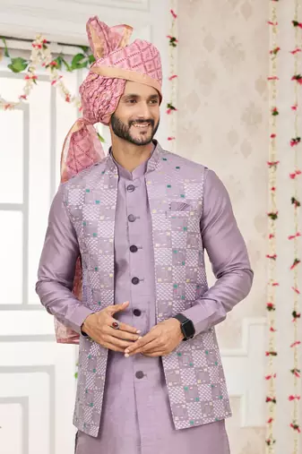 onion computer work on art silk 3 pcs nehru jacket set