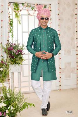 green computer work on art silk 3 pcs nehru jacket set 1
