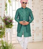 Green computer work on art silk 3 pcs jacket set