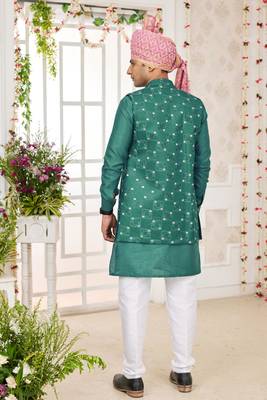 green computer work on art silk 3 pcs nehru jacket set 2
