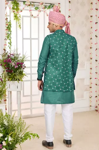 green computer work on art silk 3 pcs nehru jacket set