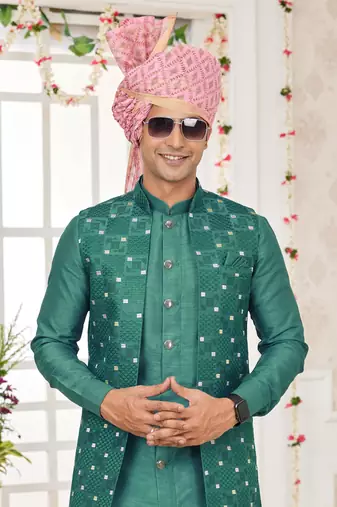 green computer work on art silk 3 pcs nehru jacket set