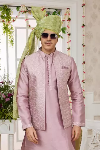 onion computer work on art silk 3 pcs nehru jacket set