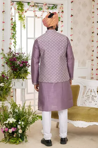 dark onion computer work on art silk 3 pcs nehru jacket set