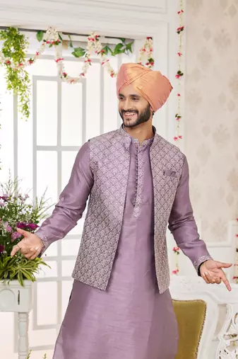 dark onion computer work on art silk 3 pcs nehru jacket set