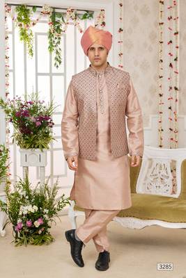 onion pink  computer work on art silk 3 pcs nehru jacket set 2
