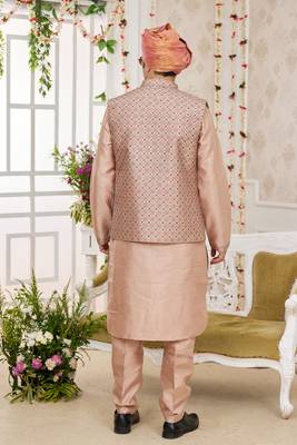 onion pink  computer work on art silk 3 pcs nehru jacket set 3