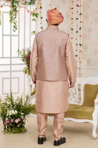 onion pink  computer work on art silk 3 pcs nehru jacket set