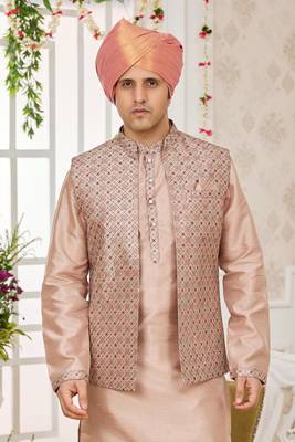 onion pink  computer work on art silk 3 pcs nehru jacket set 4