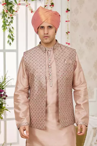 onion pink  computer work on art silk 3 pcs nehru jacket set