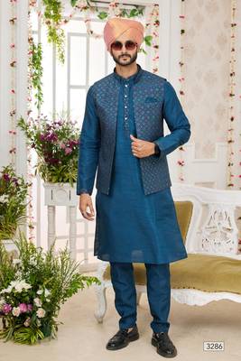 blue computer work on art silk 3 pcs nehru jacket set 2