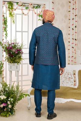 blue computer work on art silk 3 pcs nehru jacket set 3