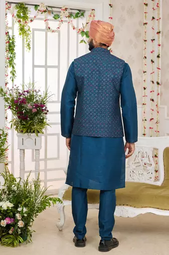 blue computer work on art silk 3 pcs nehru jacket set