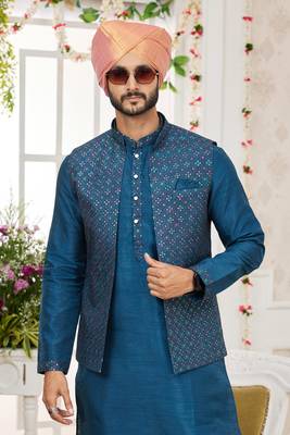 blue computer work on art silk 3 pcs nehru jacket set 4