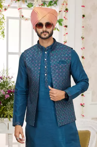 blue computer work on art silk 3 pcs nehru jacket set