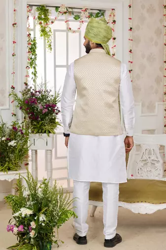 light grey computer work on art silk 3 pcs nehru jacket set
