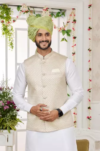 light grey computer work on art silk 3 pcs nehru jacket set
