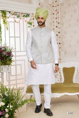 gray computer work on art silk 3 pcs nehru jacket set 2