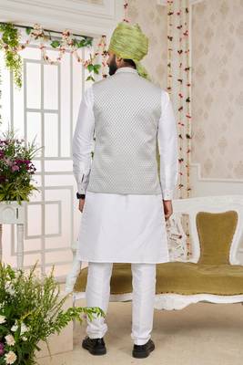 gray computer work on art silk 3 pcs nehru jacket set 3