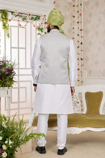 gray computer work on art silk 3 pcs nehru jacket set