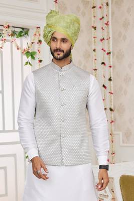 gray computer work on art silk 3 pcs nehru jacket set 4