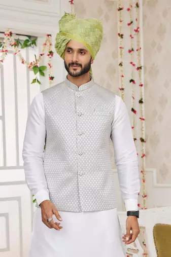 gray computer work on art silk 3 pcs nehru jacket set