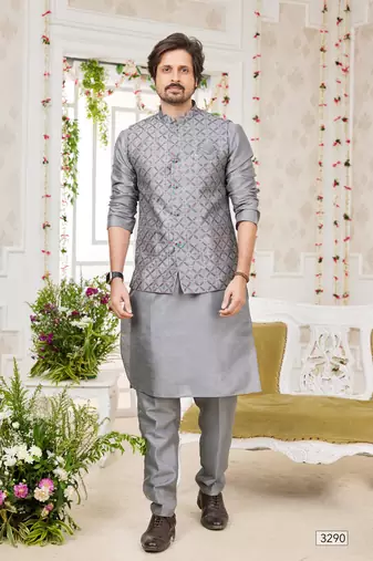 dark gray computer work on art silk 3 pcs nehru jacket set
