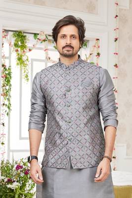 dark gray computer work on art silk 3 pcs nehru jacket set 4