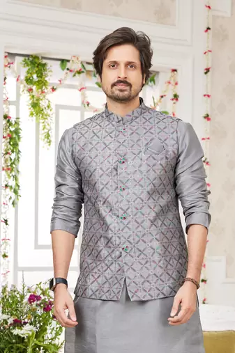 dark gray computer work on art silk 3 pcs nehru jacket set