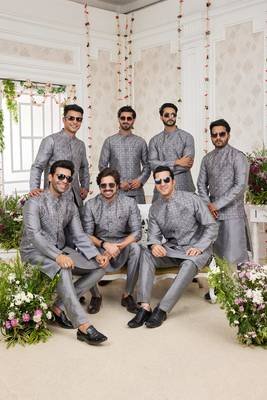 dark gray computer work on art silk 3 pcs nehru jacket set 1