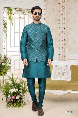 green computer work on art silk 3 pcs nehru jacket set 2