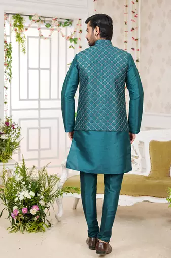 green computer work on art silk 3 pcs nehru jacket set