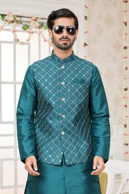 green computer work on art silk 3 pcs nehru jacket set 4