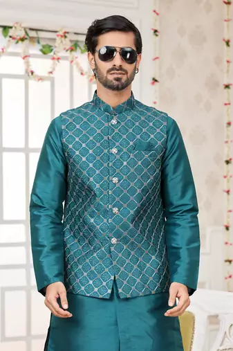 green computer work on art silk 3 pcs nehru jacket set