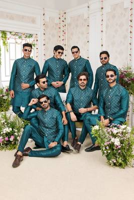 green computer work on art silk 3 pcs nehru jacket set 1