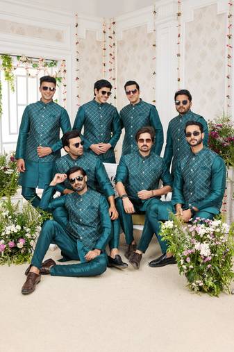 Green computer work on art silk 3 pcs jacket set