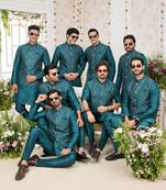 Green computer work on art silk 3 pcs jacket set