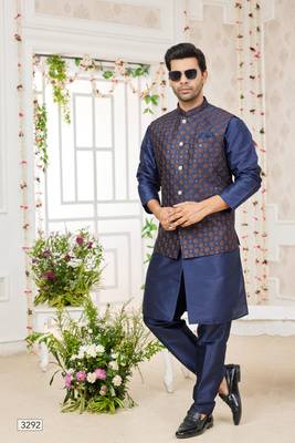 blue computer work on art silk 3 pcs nehru jacket set 2