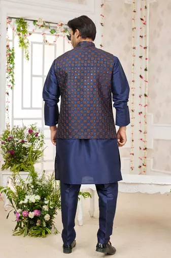 blue computer work on art silk 3 pcs nehru jacket set