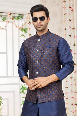 blue computer work on art silk 3 pcs nehru jacket set 4