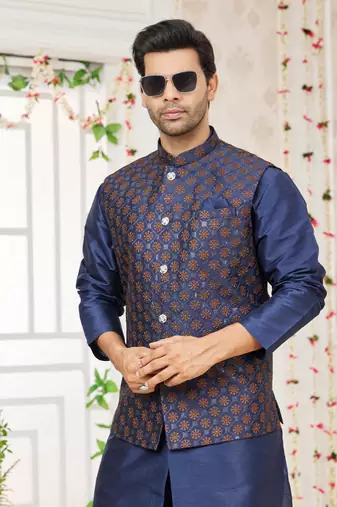 blue computer work on art silk 3 pcs nehru jacket set