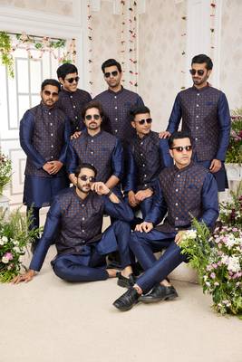 blue computer work on art silk 3 pcs nehru jacket set 1