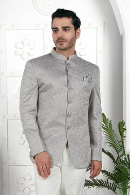 grey computer thread work on art silk jacket only 3