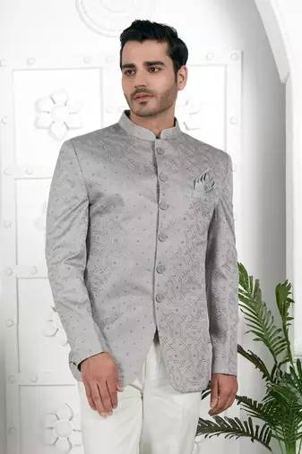 grey computer thread work on art silk jacket only