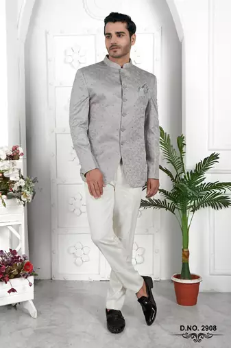 grey computer thread work on art silk jacket only