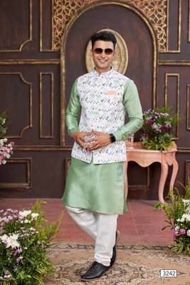 multi colour digital print on art silk 3pcs nehru jacket set 2