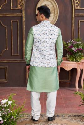multi colour digital print on art silk 3pcs nehru jacket set 3