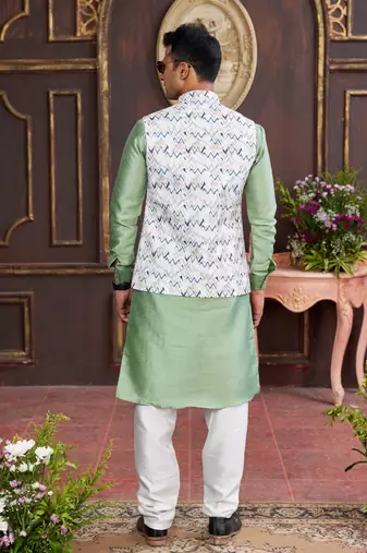 multi colour digital print on art silk 3pcs nehru jacket set