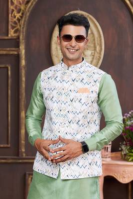 multi colour digital print on art silk 3pcs nehru jacket set 4